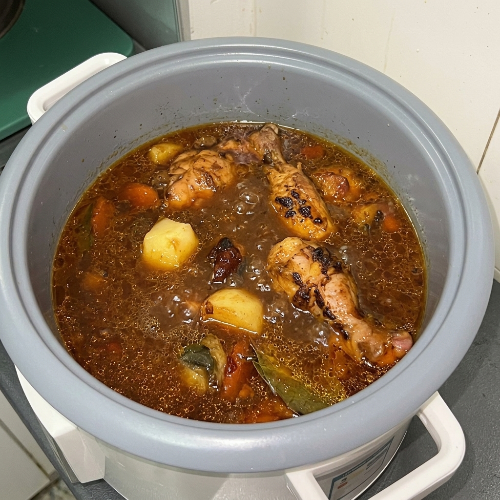 Le contenu de la cuve du cuiseur à riz, incluant le porc et le bouillon, frémissant au démarrage du cycle de cuisson lente.