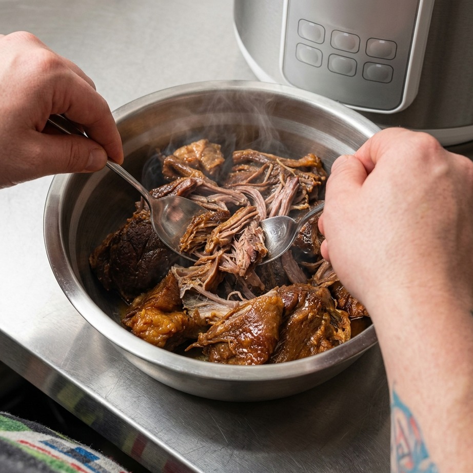 Mains utilisant deux ustensiles métalliques pour effilocher des morceaux de porc cuits et tendres en fines lanières dans un bol mélangeur en métal.