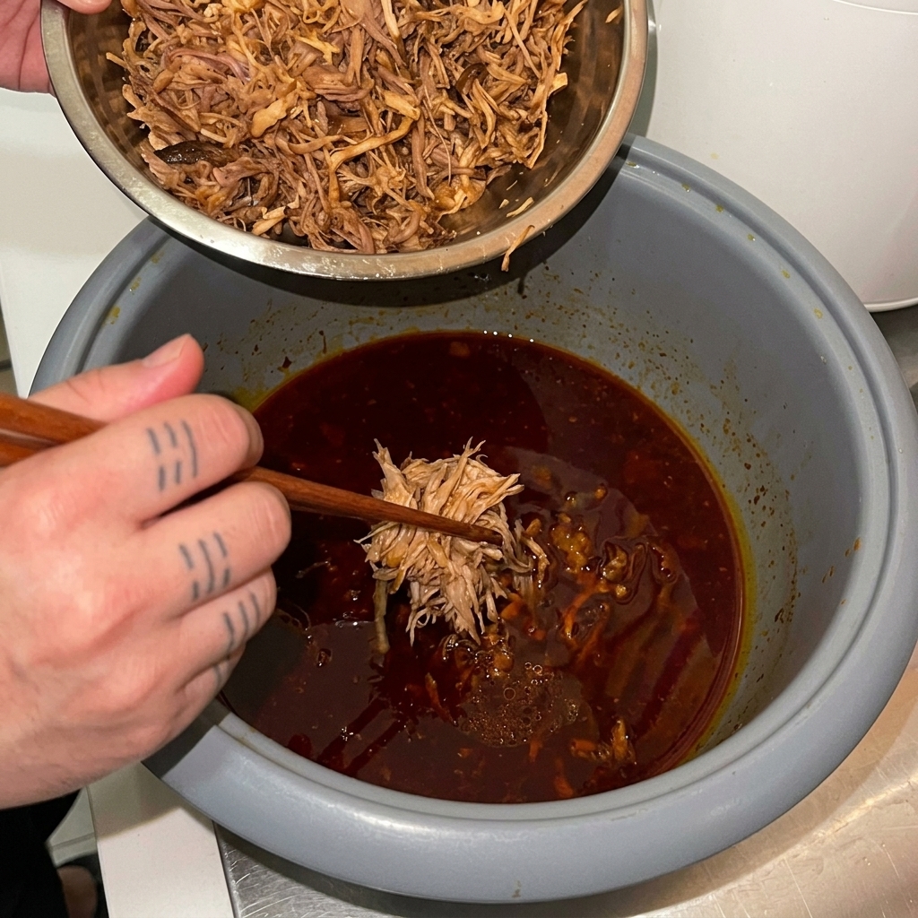 Porc effiloché ajouté à la sauce sombre et assaisonnée dans la cuve du cuiseur à riz à laide de baguettes en bois.