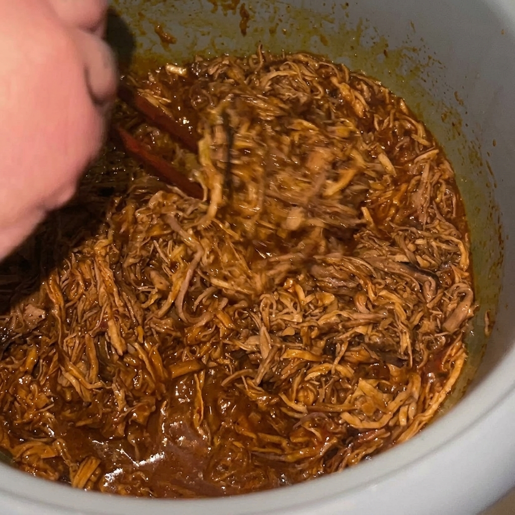 Porc effiloché remué dans une marmite avec une sauce riche et sombre, complètement effiloché et prêt pour un mijotage final.
