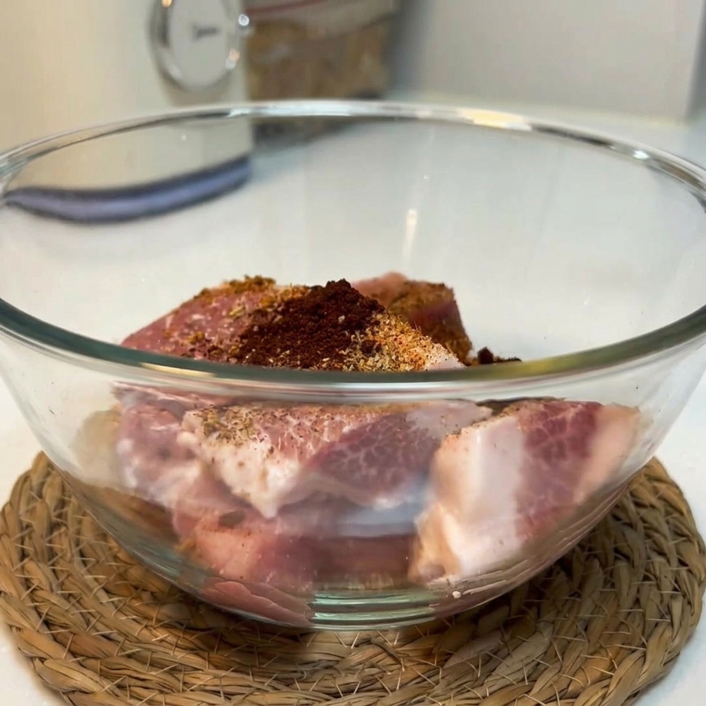Morceaux de porc crus recouverts dépices sèches dans un bol en verre.