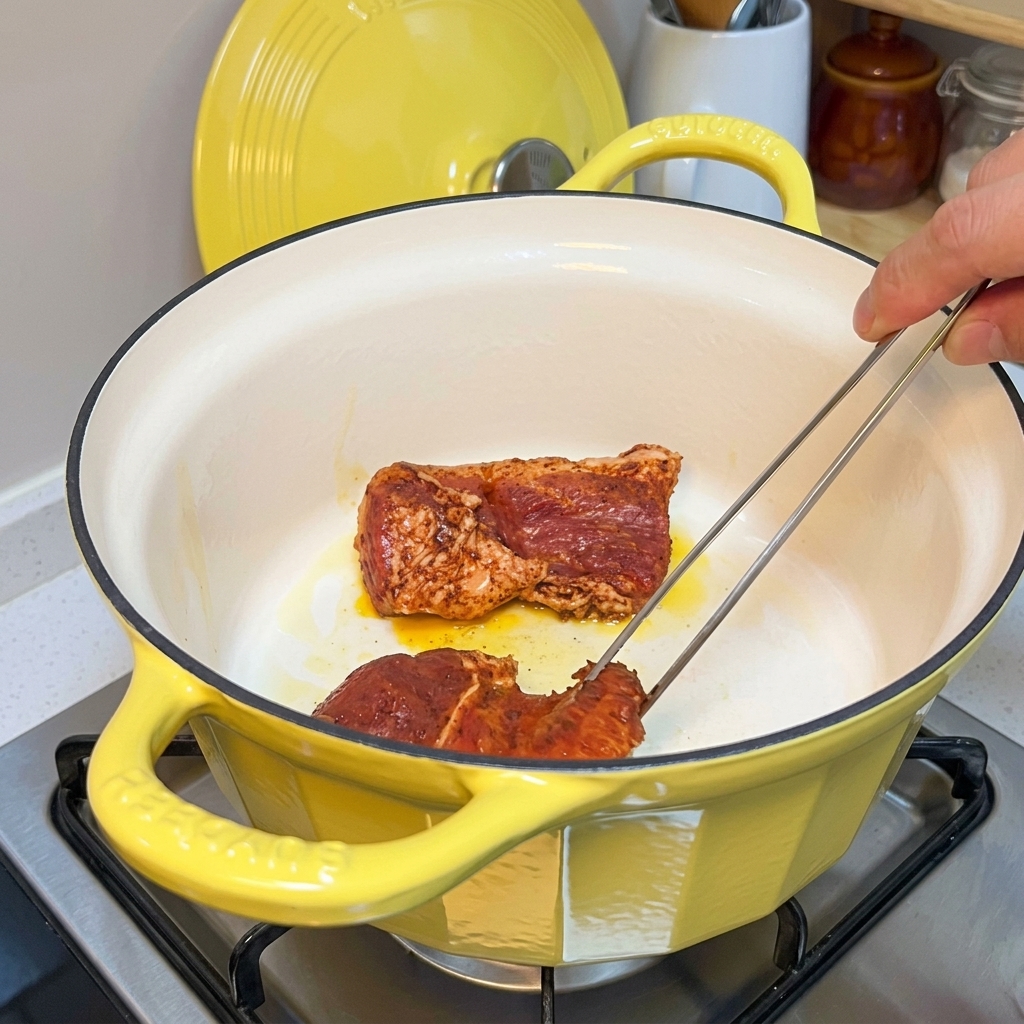 Morceaux de porc saisissant dans une cocotte en fonte jaune.