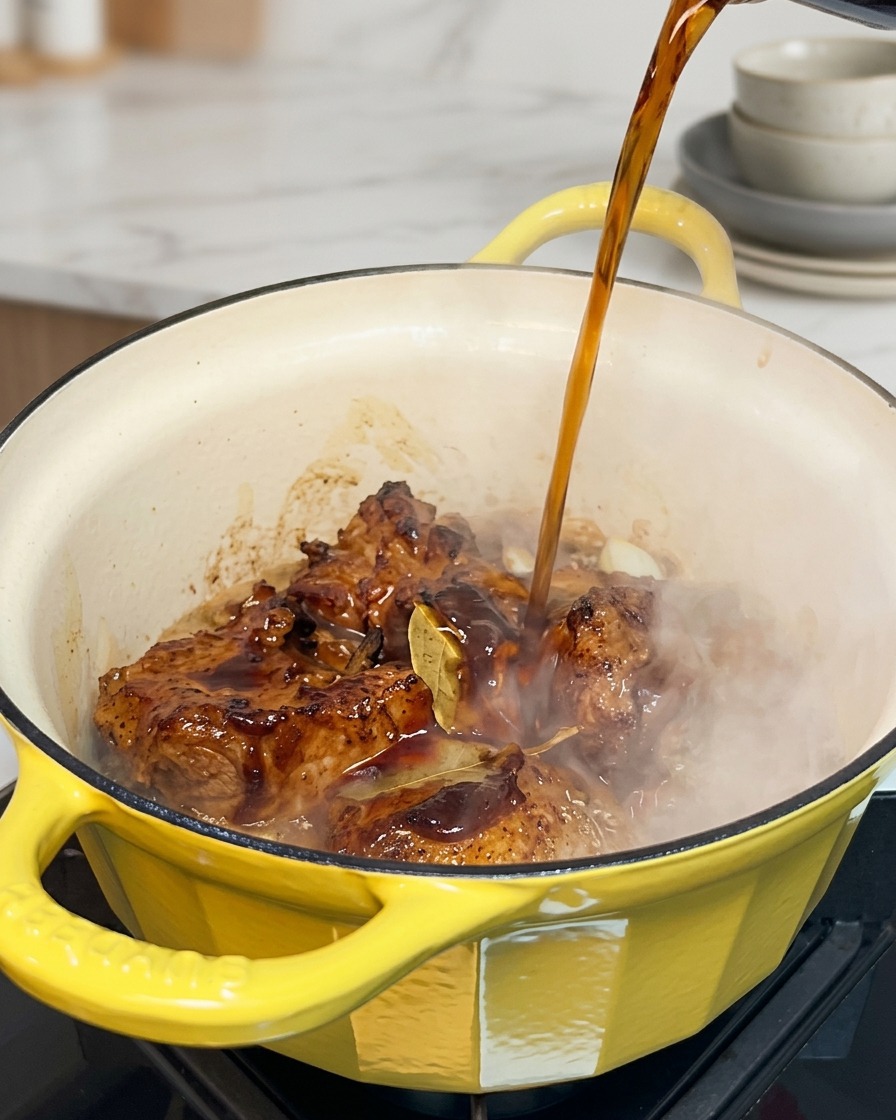 On verse du cola dans la cocotte contenant le porc, les oignons et la sauce barbecue.