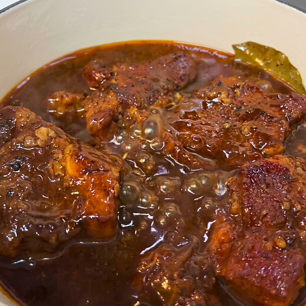 Morceaux de porc qui mijotent dans une sauce épaisse et sombre.