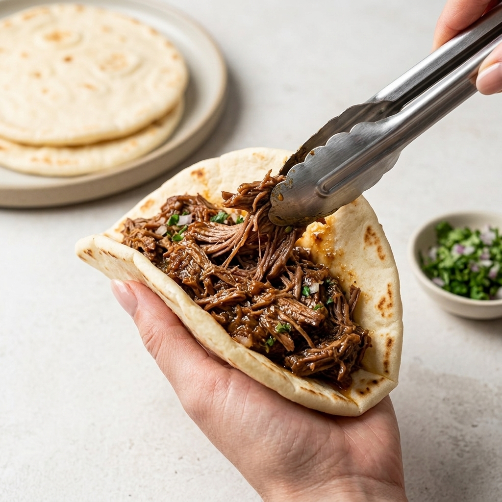 Une main tient une tortilla garnie de porc effiloché et de légumes frais.