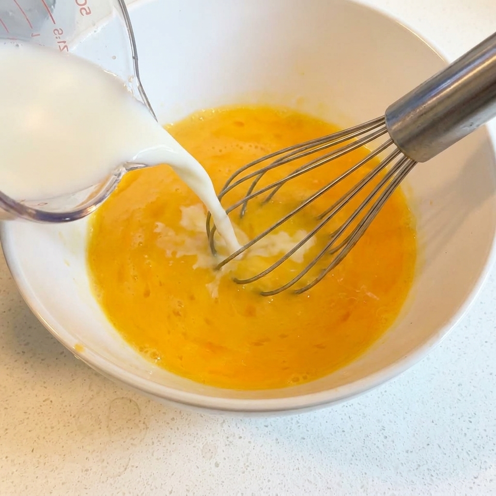 Bouillon chaud lentement incorporé au fouet dans un bol contenant des œufs battus et du jus de citron.
