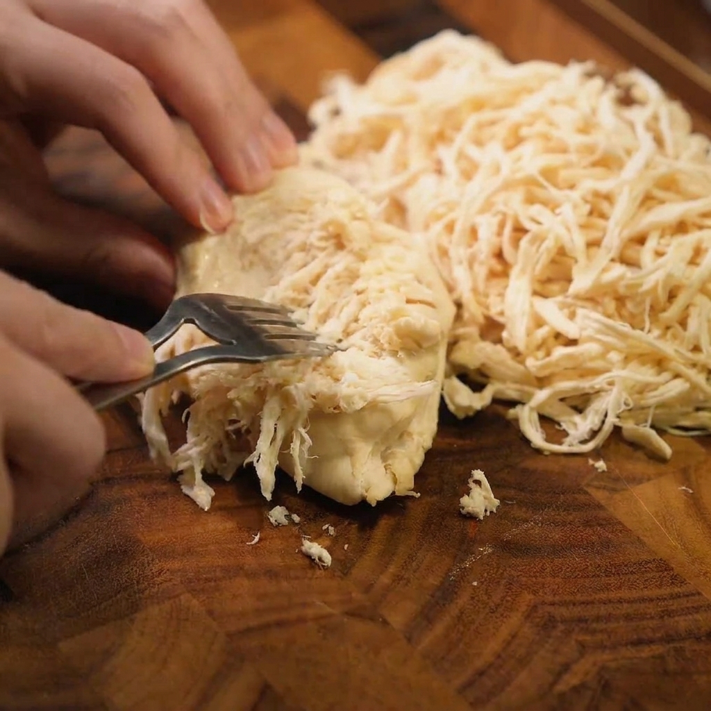 Blanc de poulet effiloché dans un bol en métal, prêt pour la soupe.