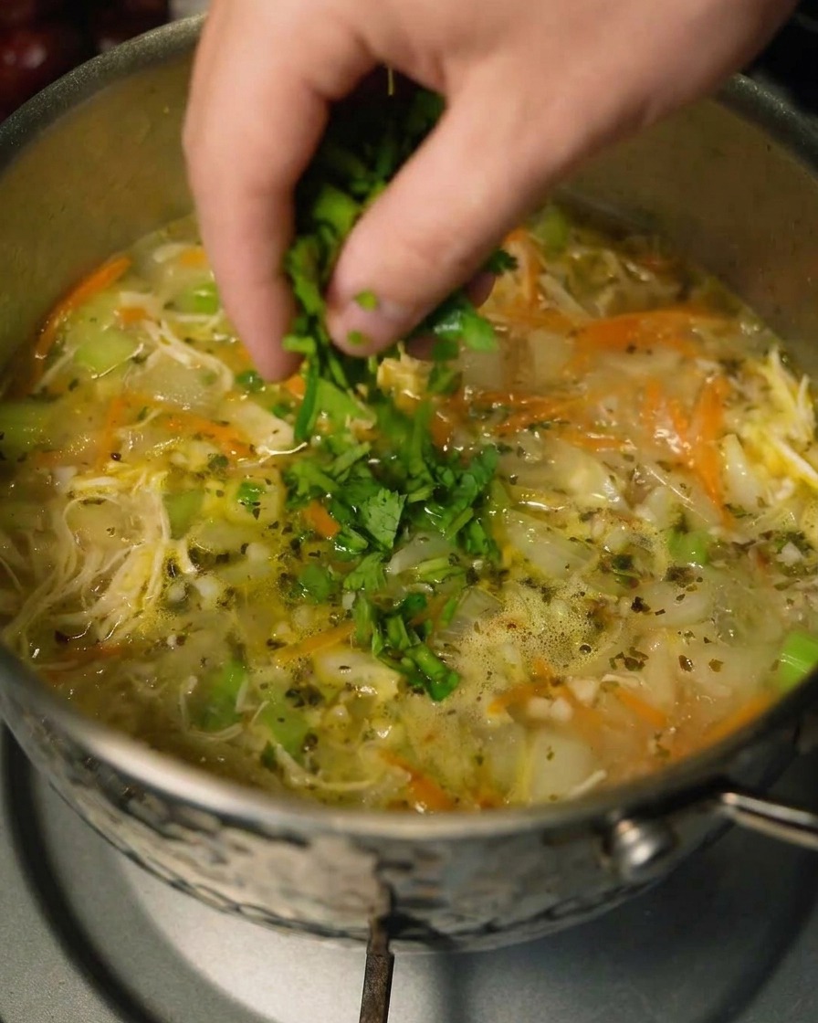Coriandre fraîche ajoutée à la soupe finie.