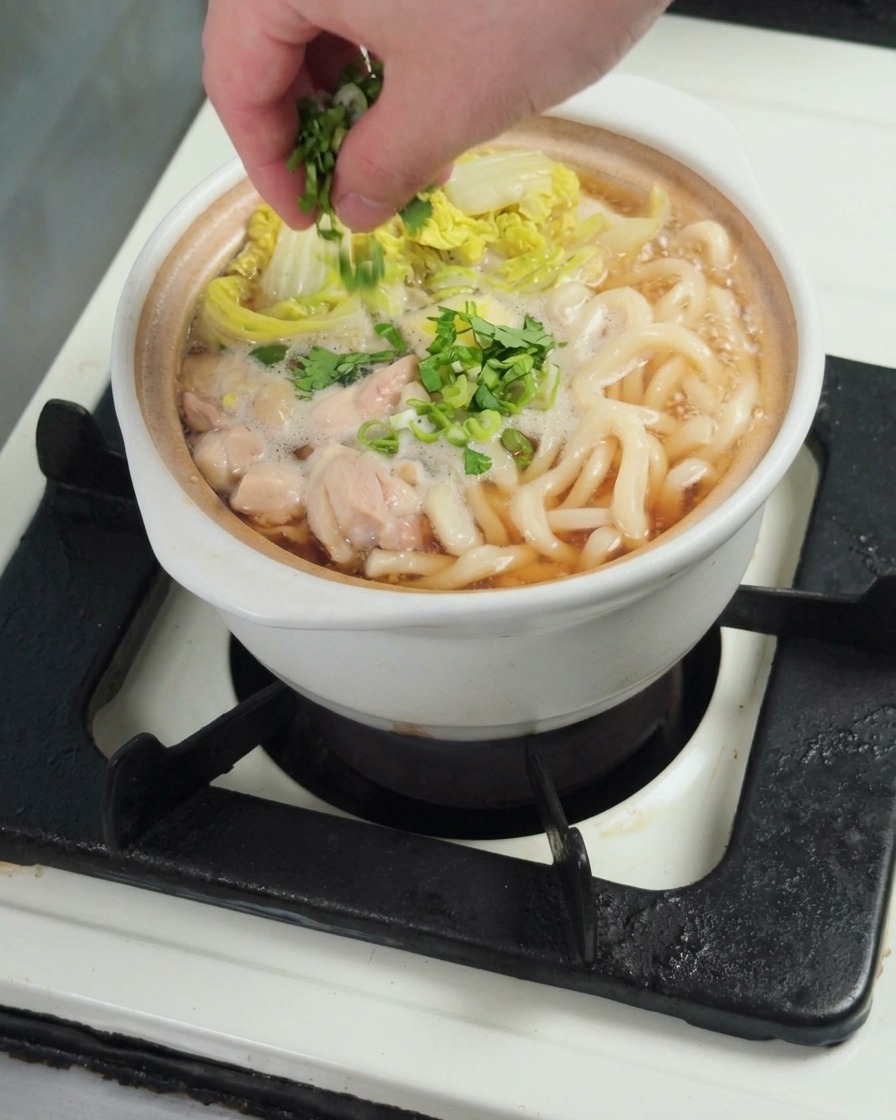 Oignons verts fraîchement ciselés saupoudrés sur un bol dudon au poulet terminé.