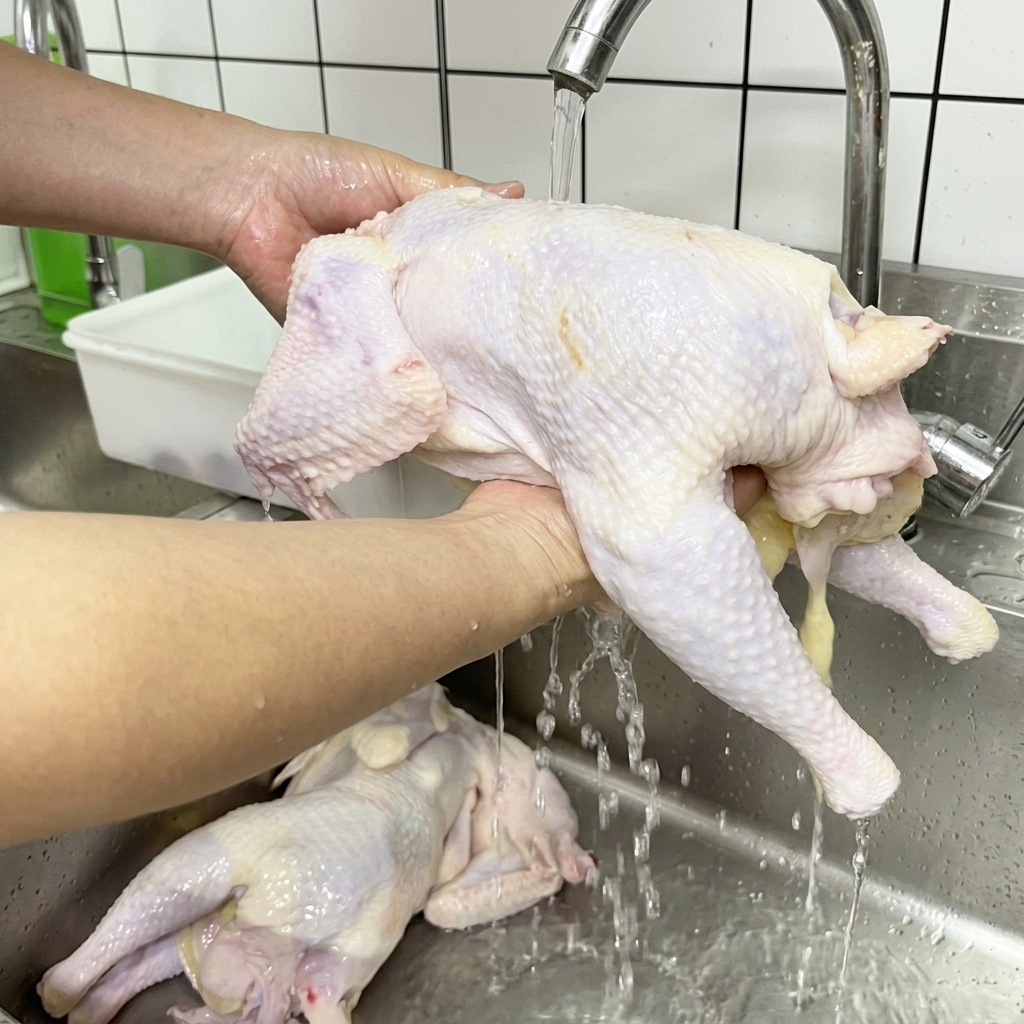 Un poulet entier cru nettoyé sous leau courante dans un évier en inox.