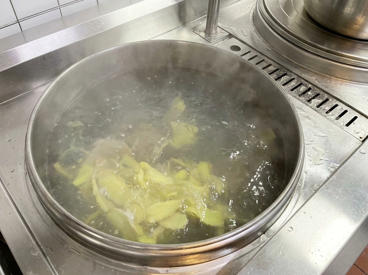 Tranches de gingembre ajoutées dans une grande casserole deau bouillante.