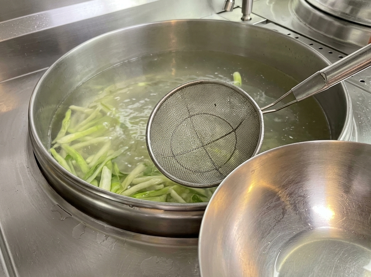Utilisation dune écumoire fine pour retirer lécume à la surface du bouillon.