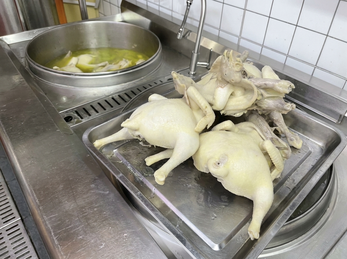 Poulets cuits disposés sur un plateau en inox après avoir été retirés du bouillon.