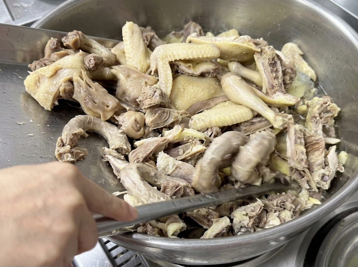 Morceaux de poulet ajoutés dans une nouvelle casserole deau bouillante.
