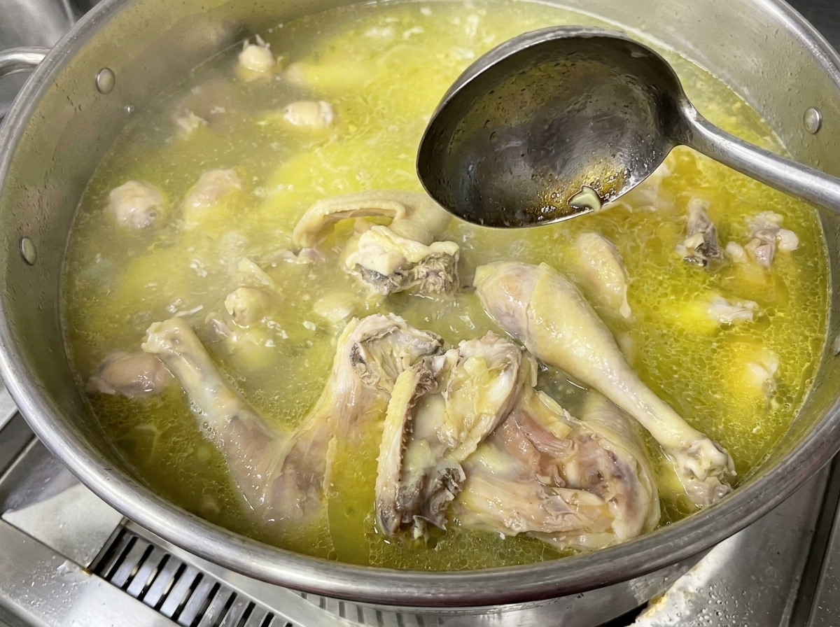 Une louche retirant la mousse grise à la surface du bouillon de poulet.