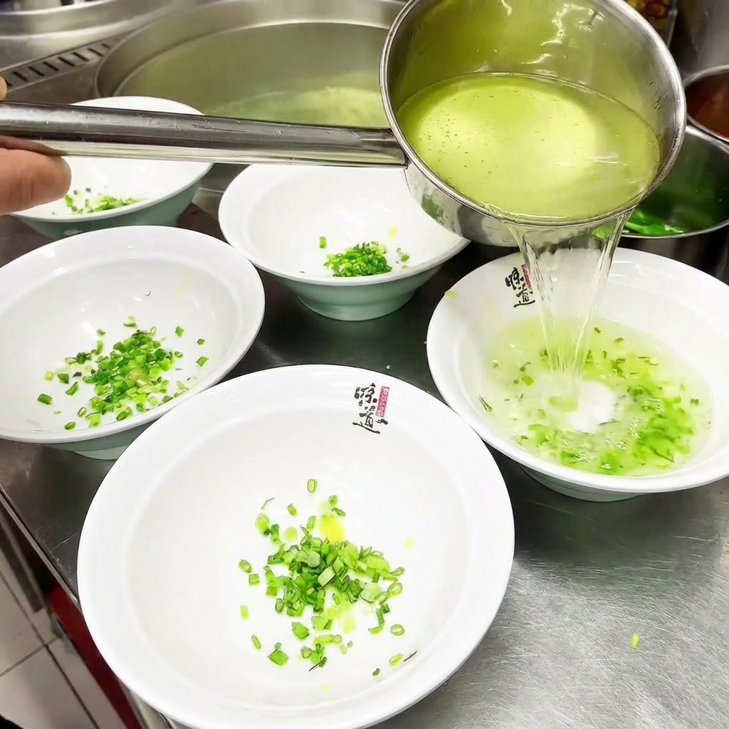 Bouillon de poulet doré versé dans des bols blancs sur un lit doignons verts.