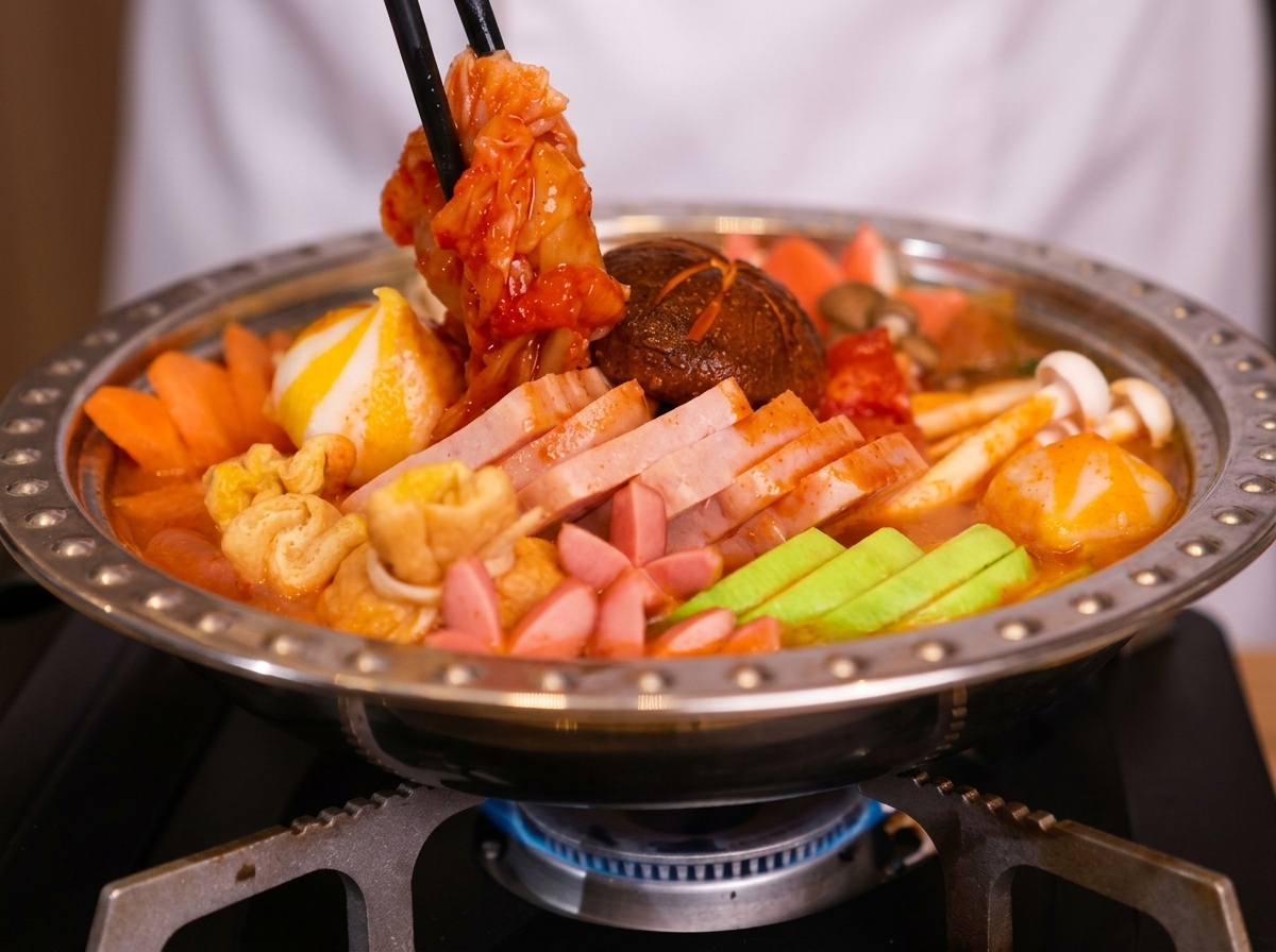 Une portion de kimchi ajoutée à la marmite avec des baguettes, avec une tranche de fromage fondu prête à être placée sur le dessus.