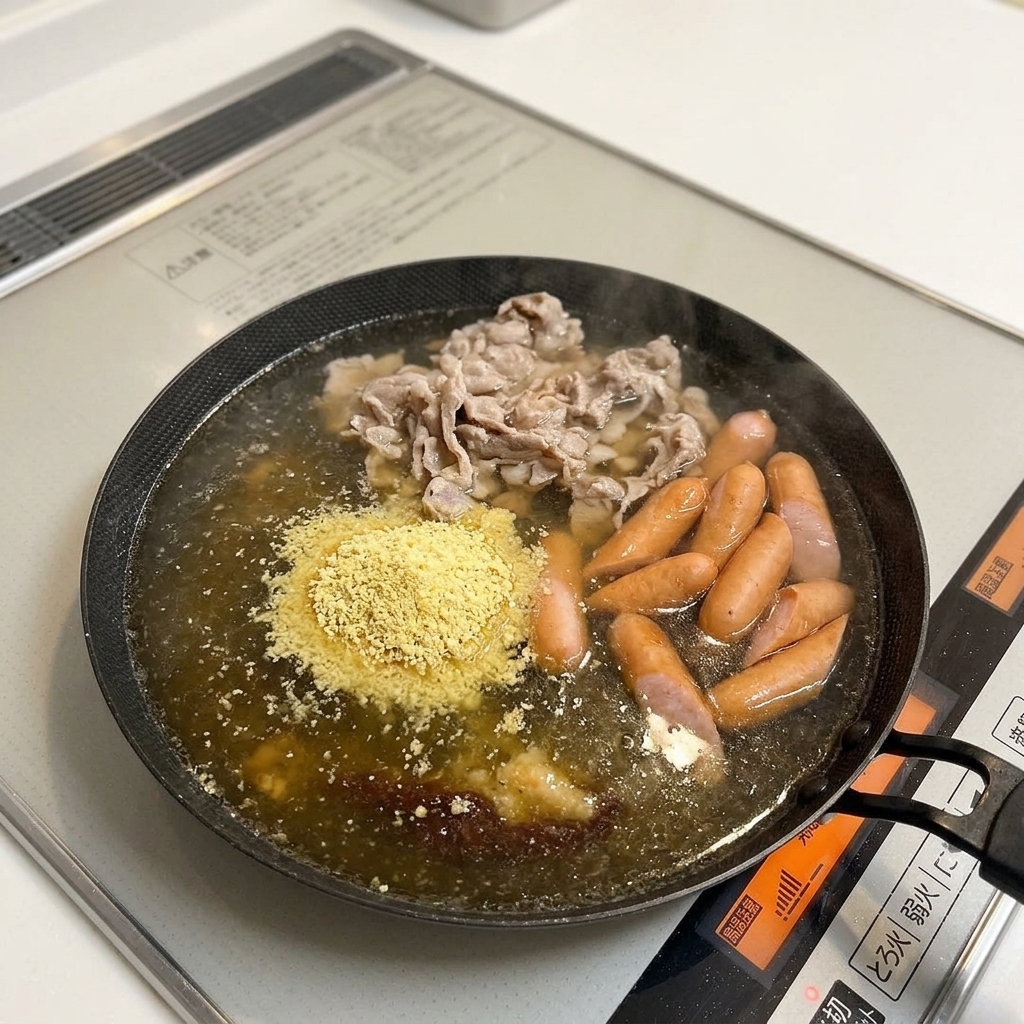 Pâte dail étant mélangée dans le bouillon aromatique.