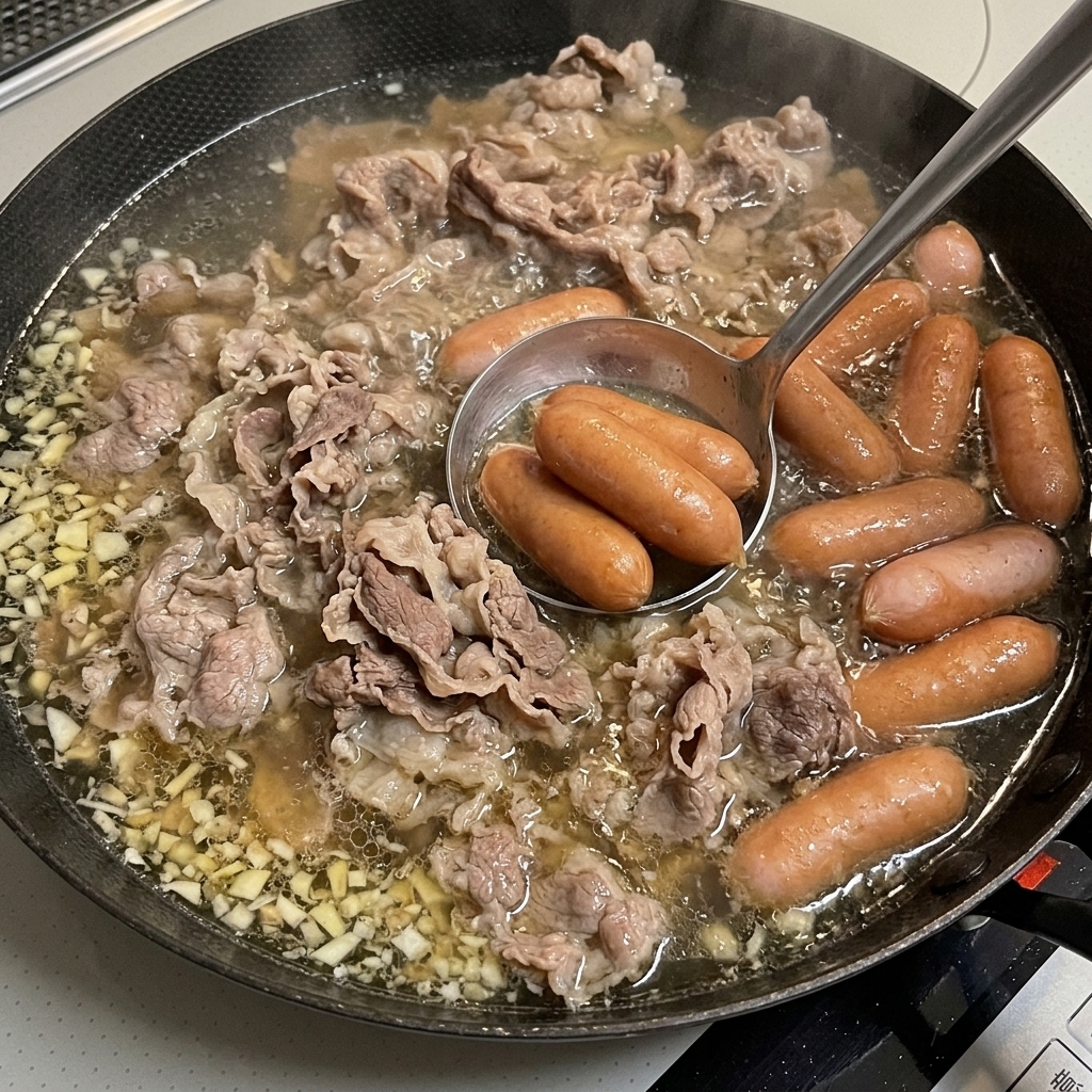 Pousses de soja fraîches et oignons verts tranchés étant ajoutés au bouillon bouillonnant du ragoût.