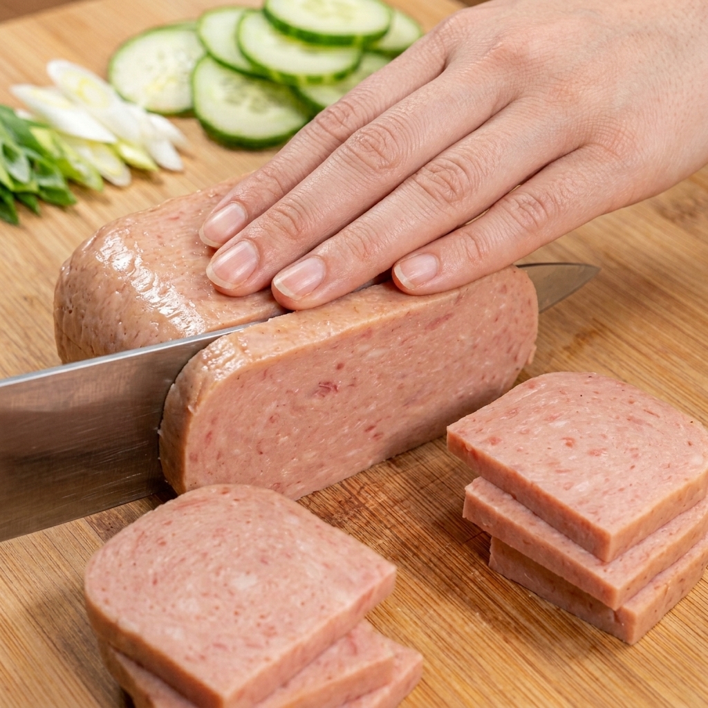 Viande en conserve coupée en tranches rectangulaires uniformes sur une planche en bois.