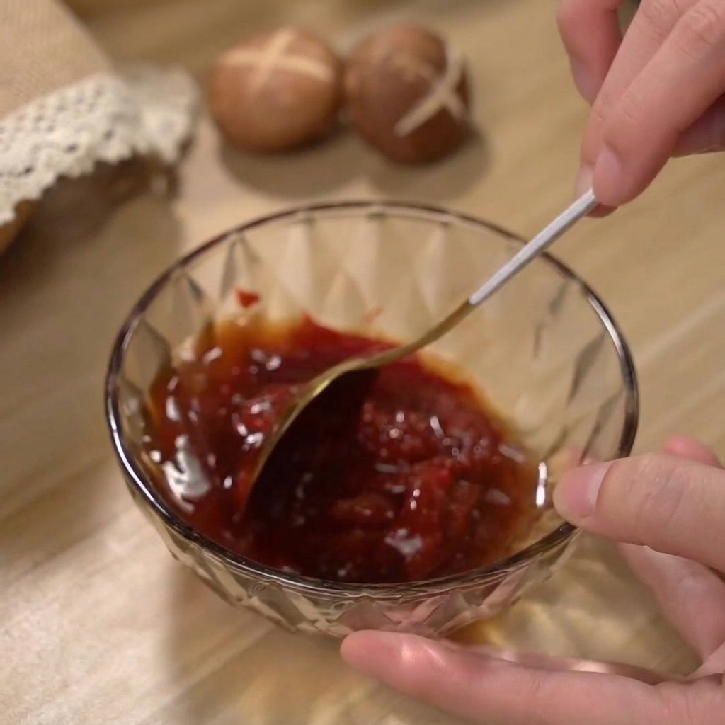 Une sauce épicée rouge riche en cours de mélange dans un petit bol en verre.