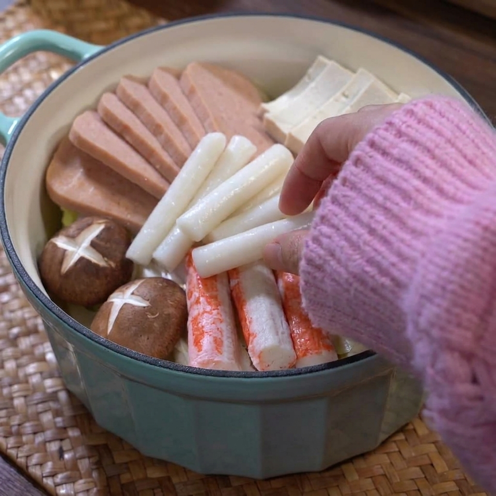 Kimchi ajouté au centre de la marmite avec des baguettes.