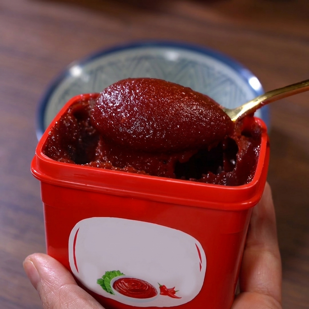Un petit bol contenant la pâte de piment rouge mélangée avec les autres ingrédients.