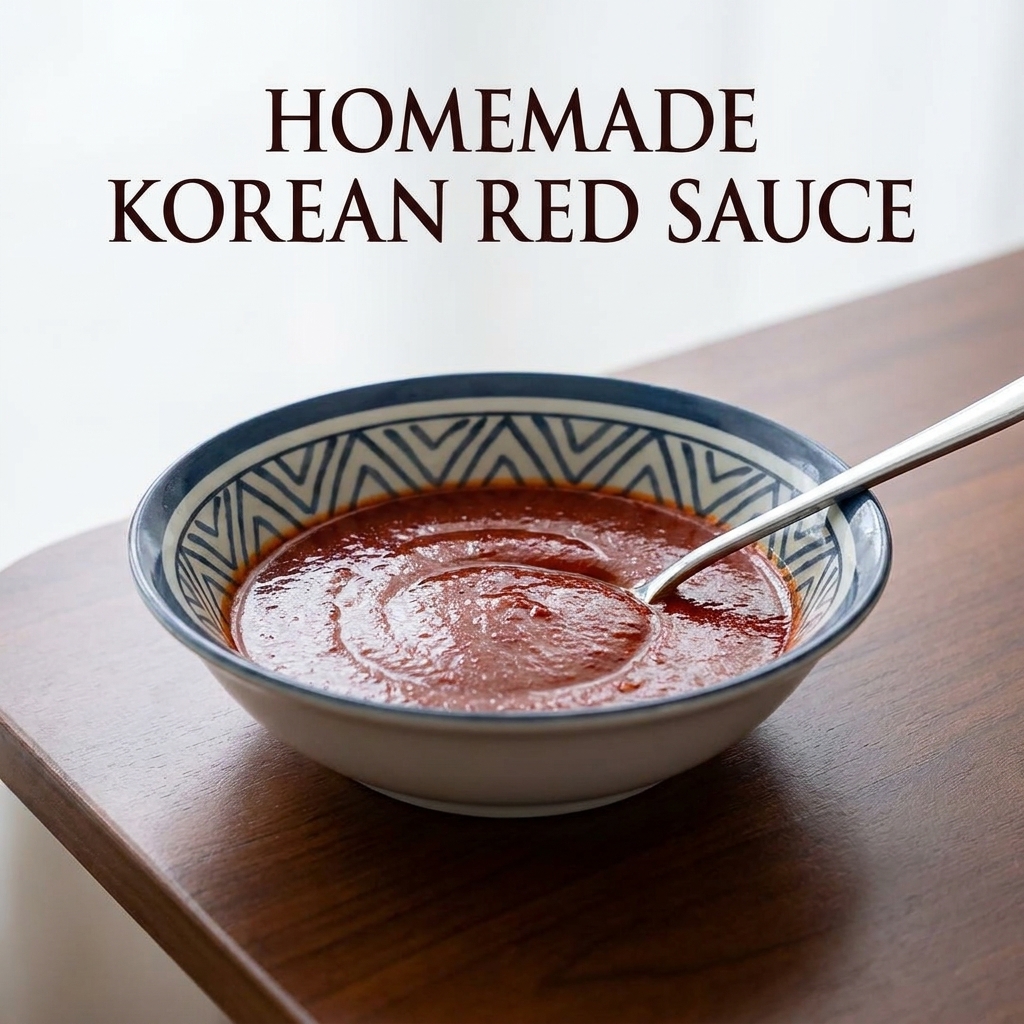 La sauce rouge versée depuis un bol bleu sur les ingrédients disposés dans la marmite.