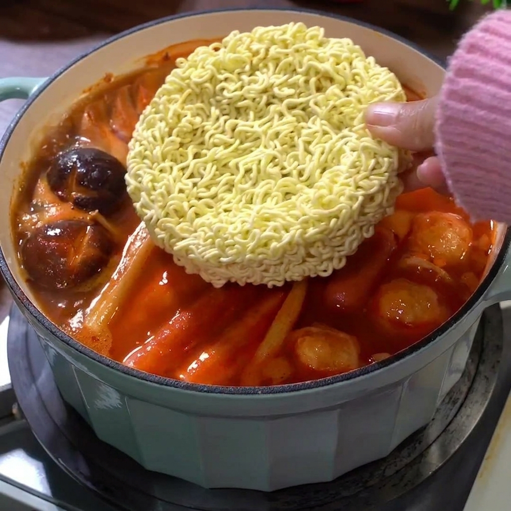 Un bloc de nouilles ramen placé dans le bouillon rouge bouillant.