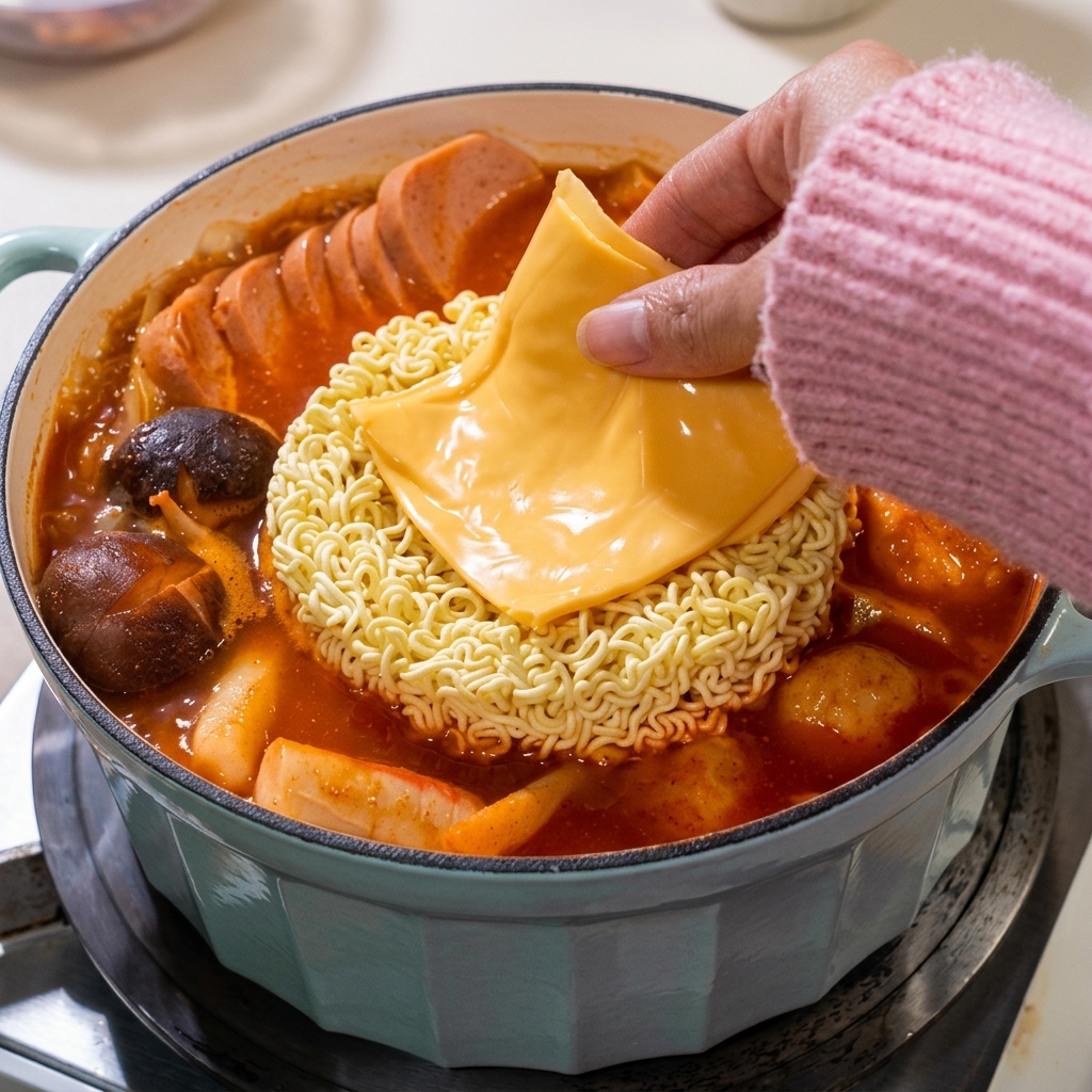 Un œuf cassé et déposé au centre des nouilles ramen en train de cuire.