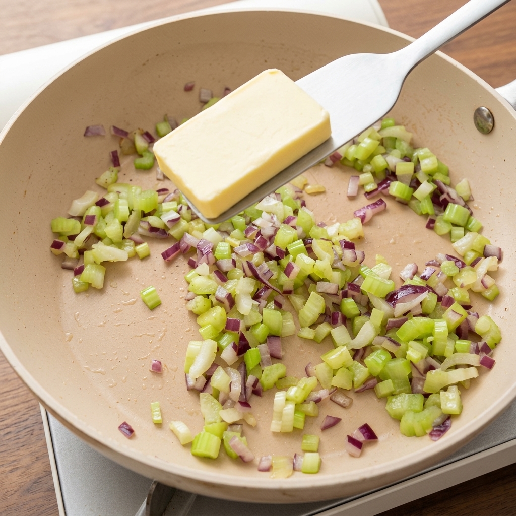 Du beurre fondant dans le mélange doignons et de céleri dans la poêle.