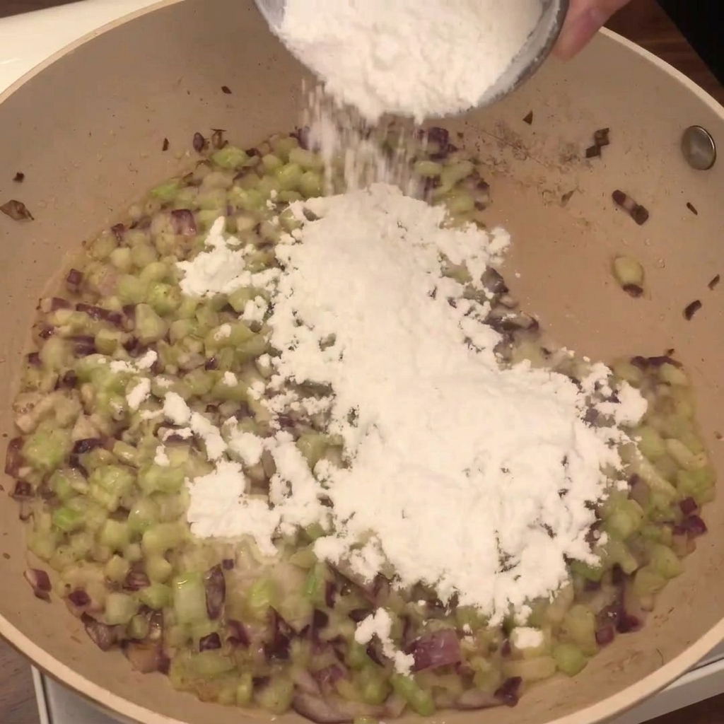 Le jus filtré versé depuis un bol dans la poêle contenant les légumes et le roux.