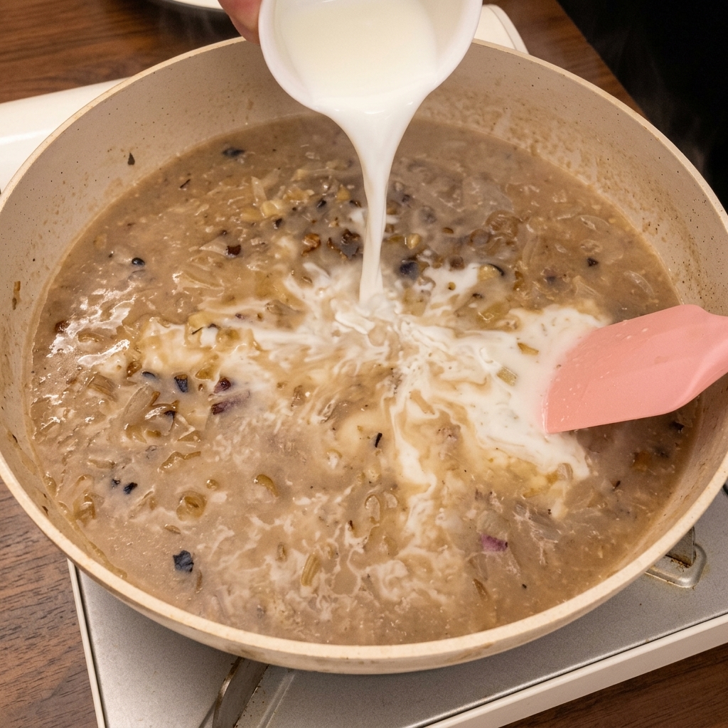 Du lait mélangé à la base de soupe frémissante.