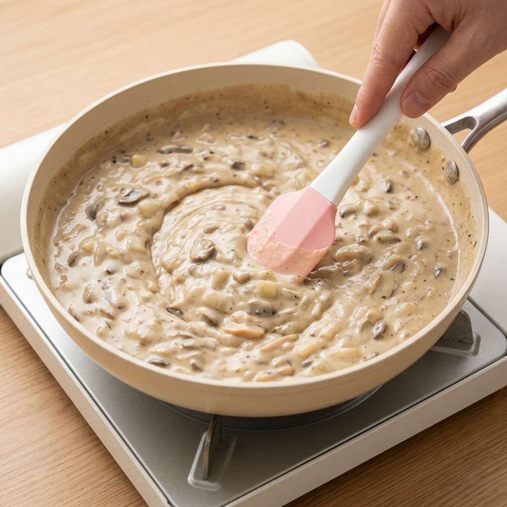 De la crème liquide versée dans le clam chowder frémissant.