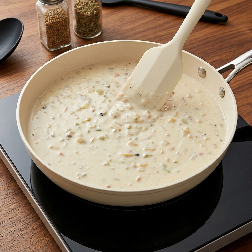 Gros plan sur du poivre noir fraîchement moulu saupoudré au-dessus de la sauteuse de clam chowder.