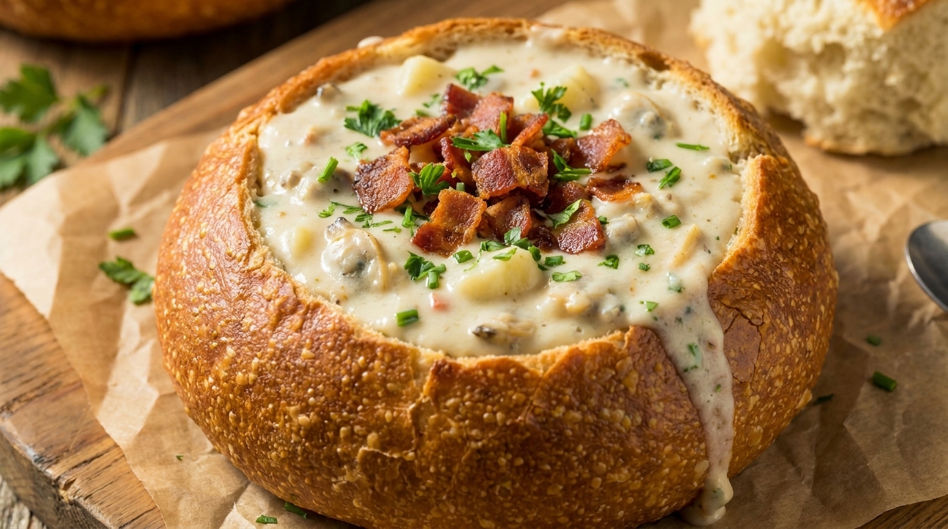 Un bol en pain rustique rempli dun clam chowder riche et crémeux, garni de bacon croustillant et de persil frais.