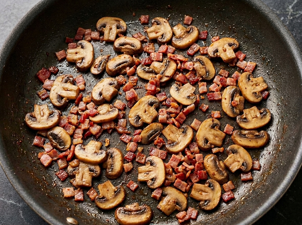 Palourdes et dés de pommes de terre ajoutés dans la poêle avec le lard et les champignons.