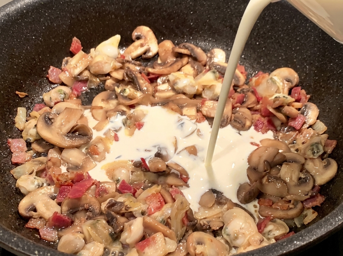 Crème entière versée sur le mélange de palourdes, lard, champignons et pommes de terre.