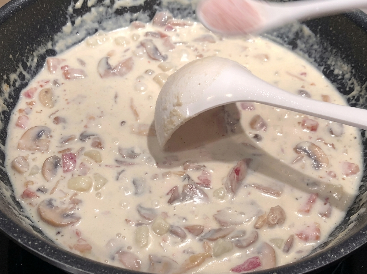 Une pincée de sel ajoutée à la soupe crémeuse dans la poêle.