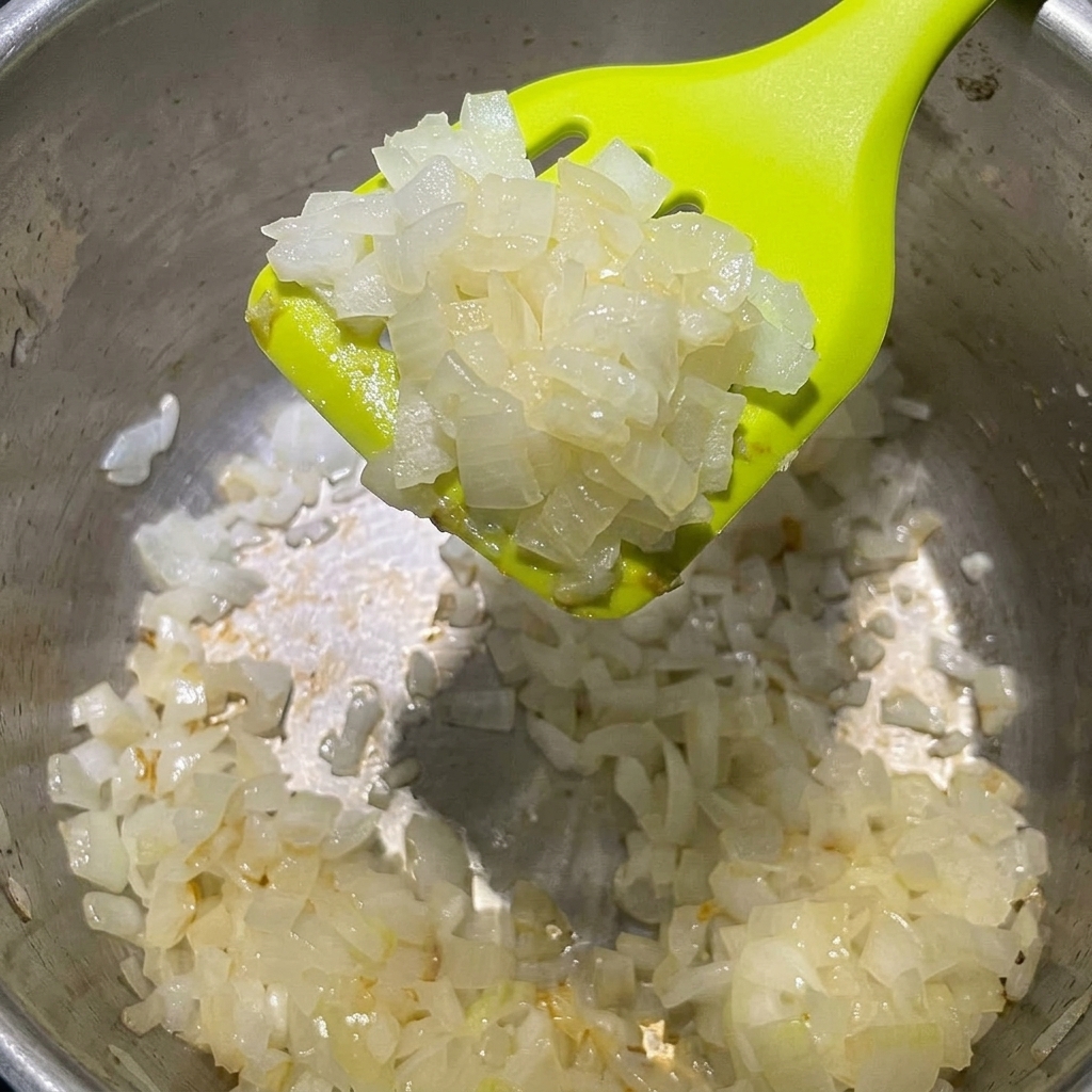 Oignons coupés en dés en train de revenir dans une casserole avec du beurre fondu.