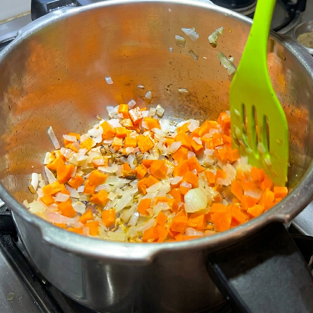 Carottes coupées en dés incorporées dans la casserole avec les oignons cuits.