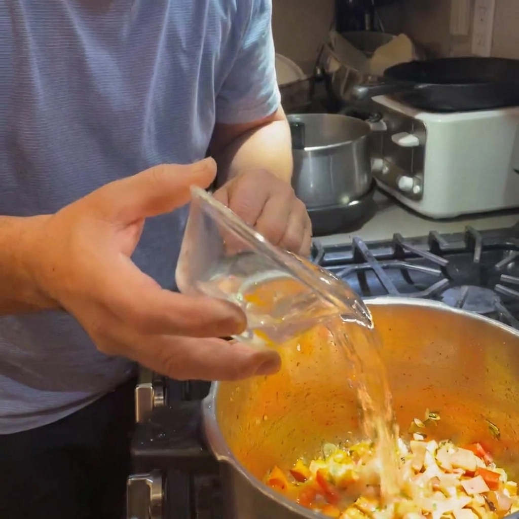 Eau versée dans la casserole contenant les oignons et les carottes cuits.