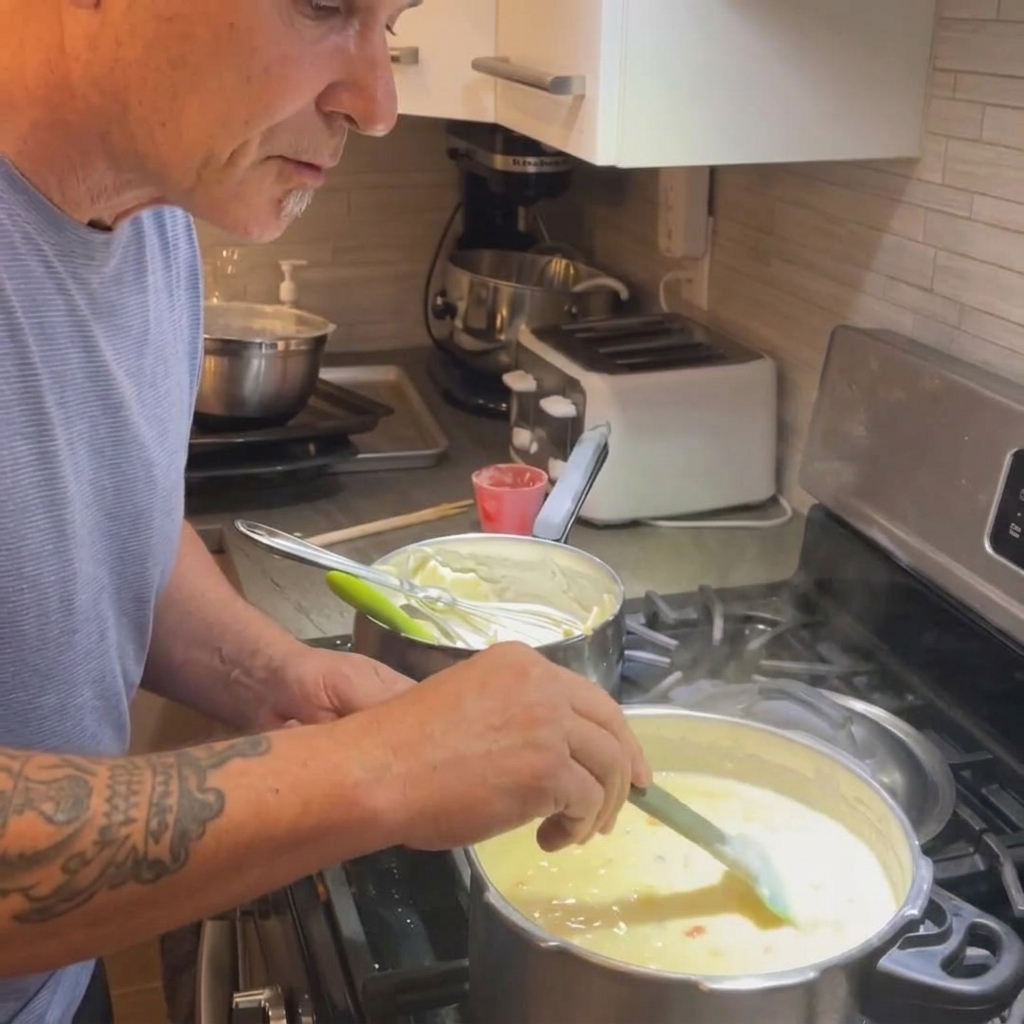 Un fouet mélangeant de la farine et du beurre fondu dans une casserole pour former un roux épais.