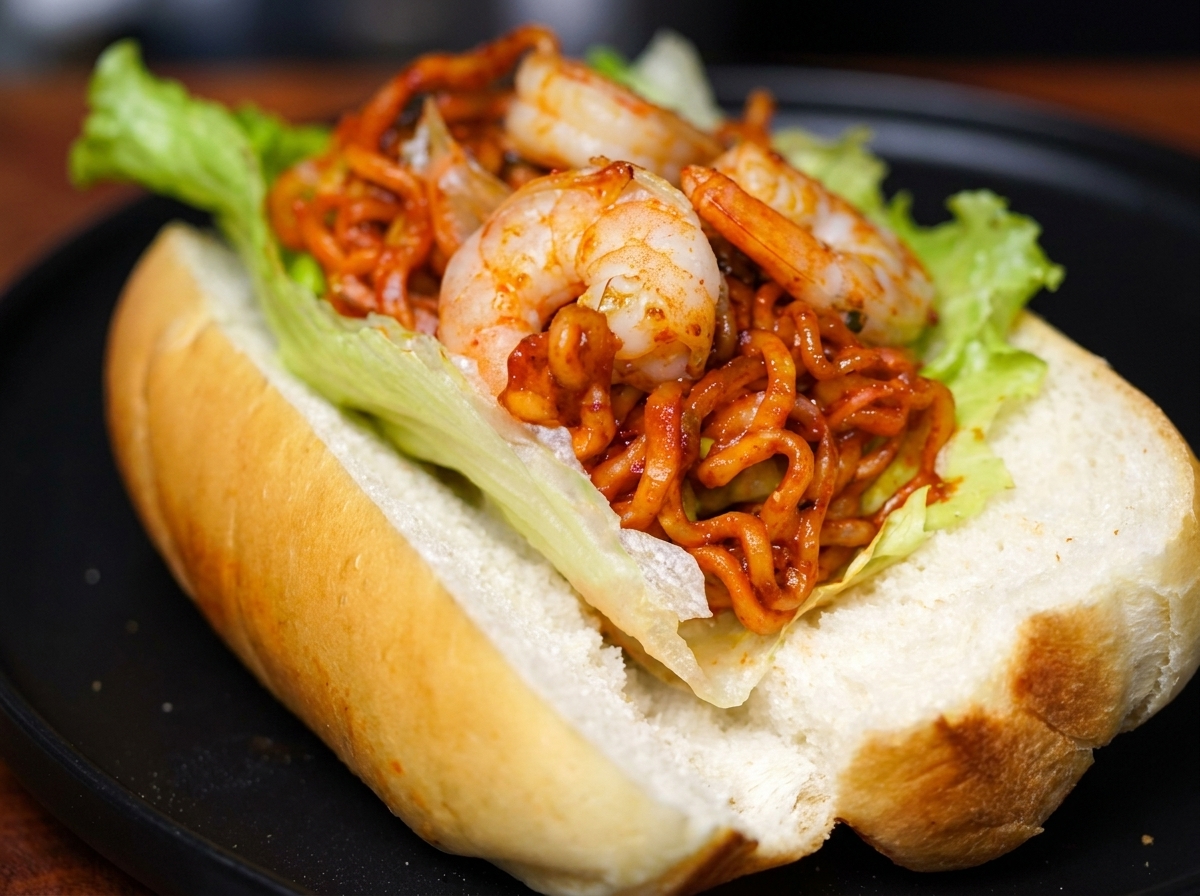 Crevettes grillées déposées sur le lit de nouilles dans le pain toasté.
