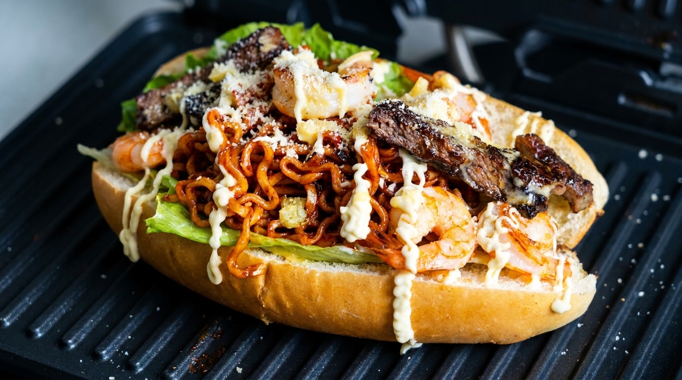 Hot-dog fusion aux nouilles épicées, steak et crevettes