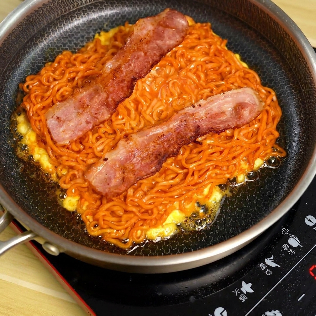Deux tranches de bacon croustillant déposées sur le mélange de nouilles et dœufs qui grésille.