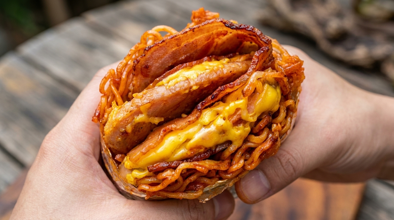 Un rouleau de nouilles épicées gourmand garni de bacon croustillant, de fromage fondant et dune omelette aux nouilles parfaitement liée.