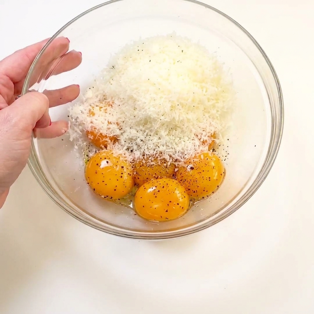 Mélange lisse et épais de jaunes dœufs, parmesan et poivre dans un bol.