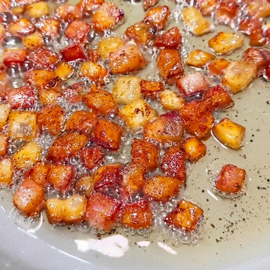 Morceaux de bacon croustillants séparés du gras liquide par une passoire fine.
