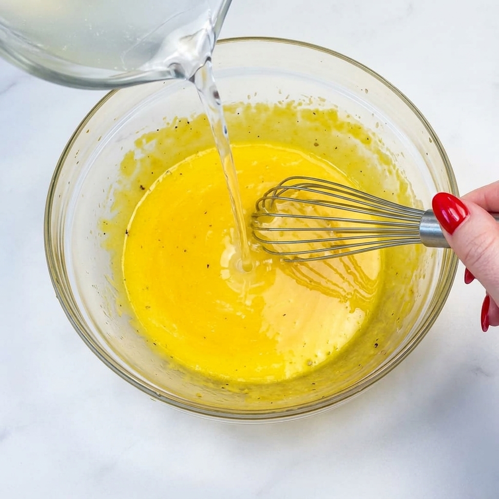 Eau de cuisson chaude ajoutée progressivement au mélange jaune dœufs et fromage.